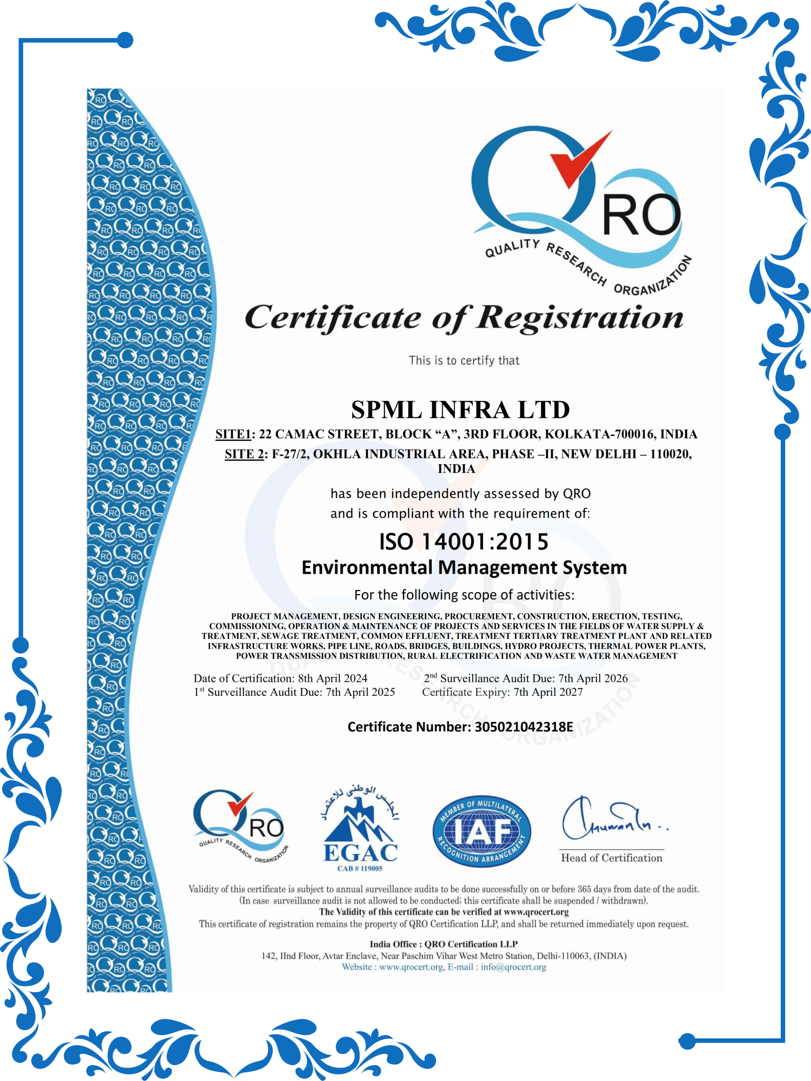 ISO 14001:2015 Certificate of Registration