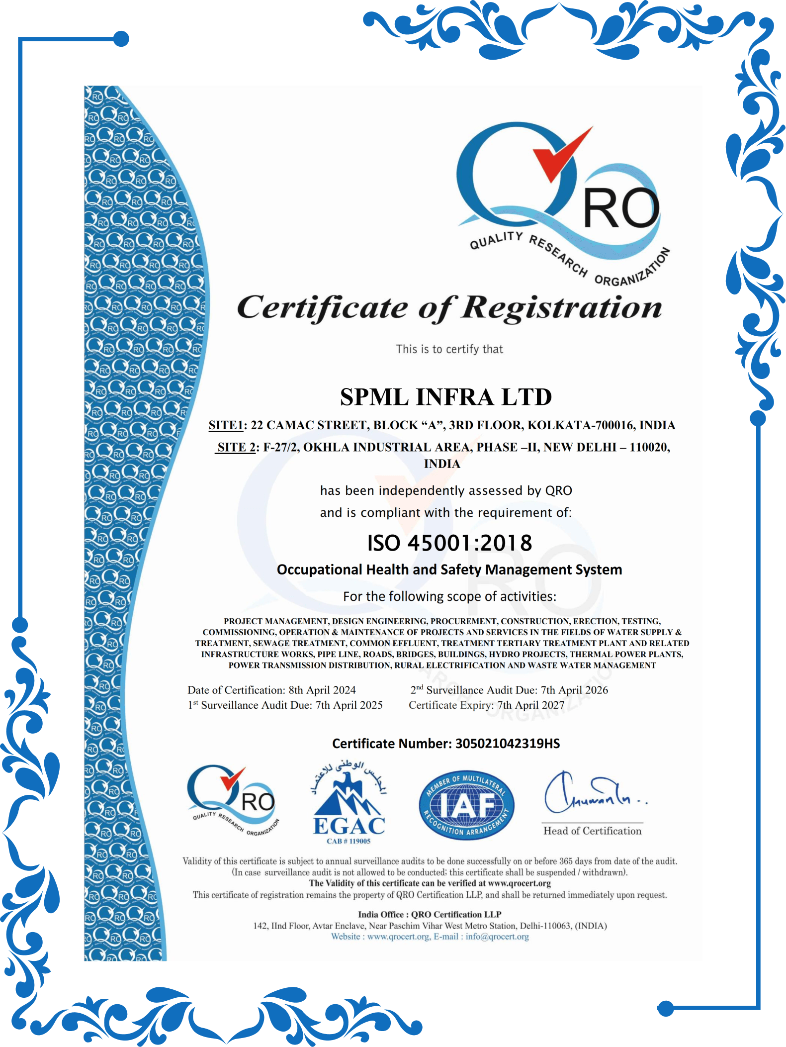 ISO 45001:2018 Certificate of Registration